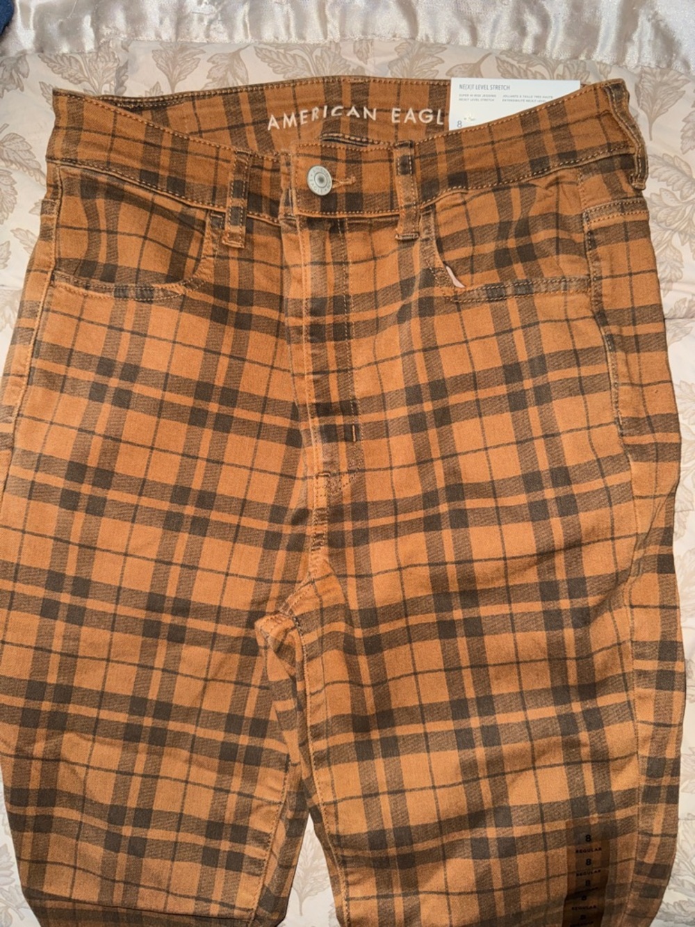 NWT American Eagle Brown and Orange Plaid High-Rise Jeans
